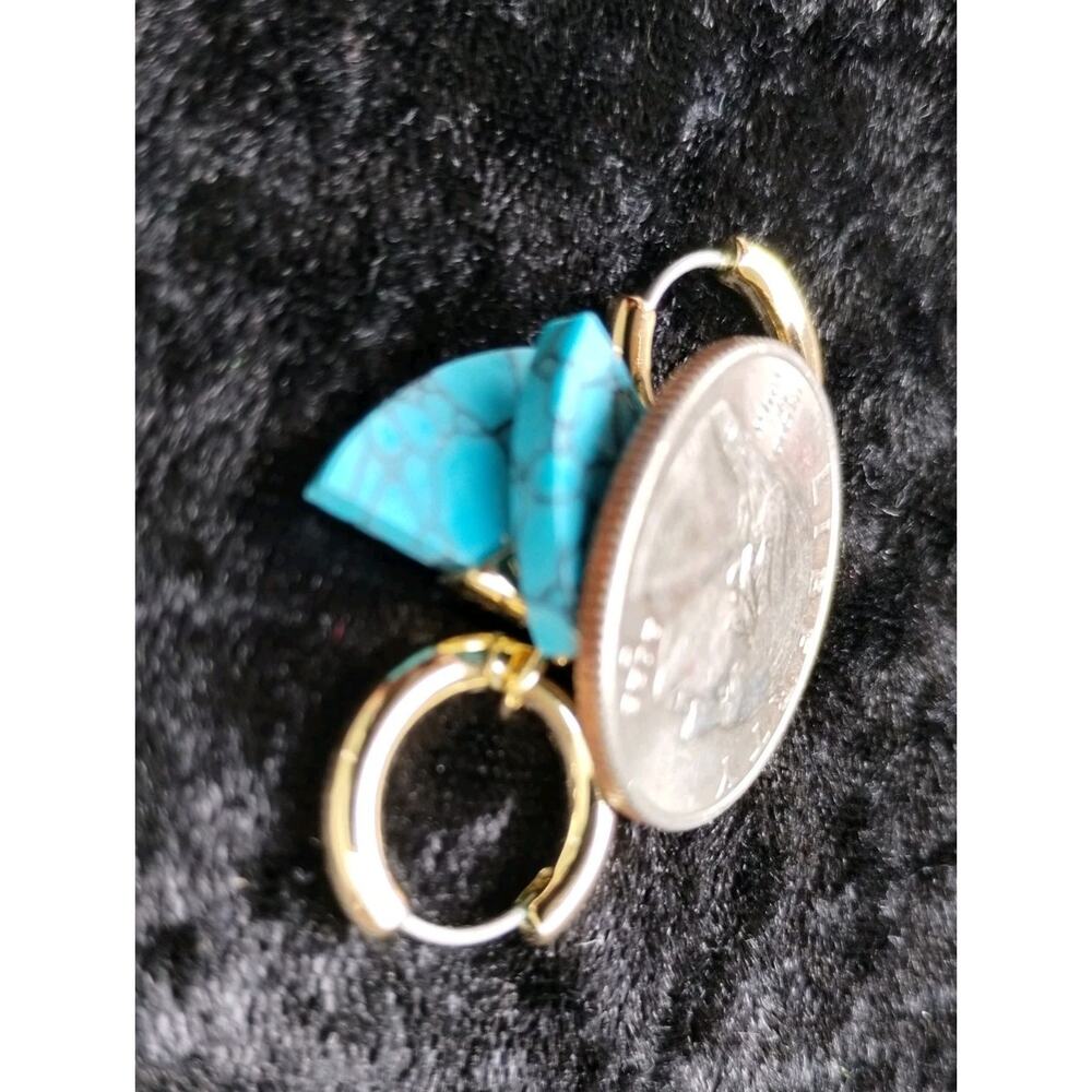 Rebecca Minkoff NEW Tiny Gold Huggie Hoop Turquoise Carved Fan Charm Earrings - Picture 5 of 6